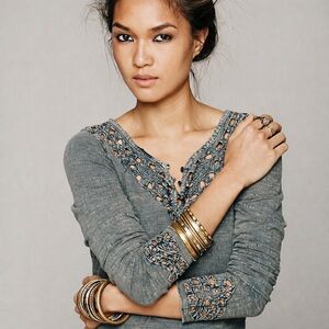 Free People Luna Long Sleeve Top Embroidered Crochet Eyelet Size L